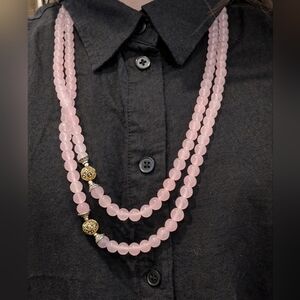 Triple-Strand Pink Rose Quartz Necklace with Gold Accent Beads